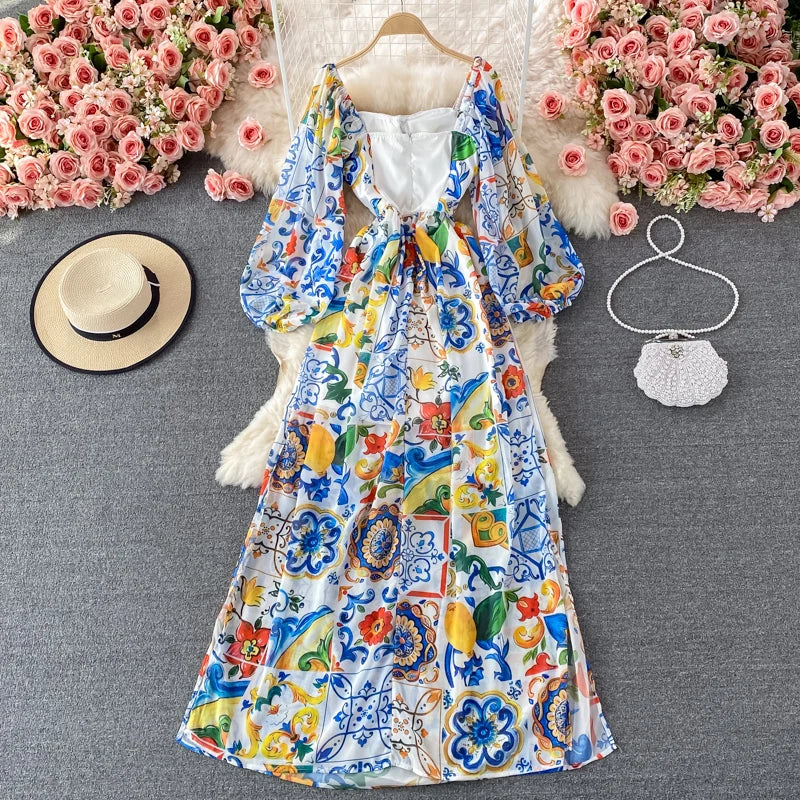 Lemon Print Maxi Dress with Porcelain Flare Sleeves