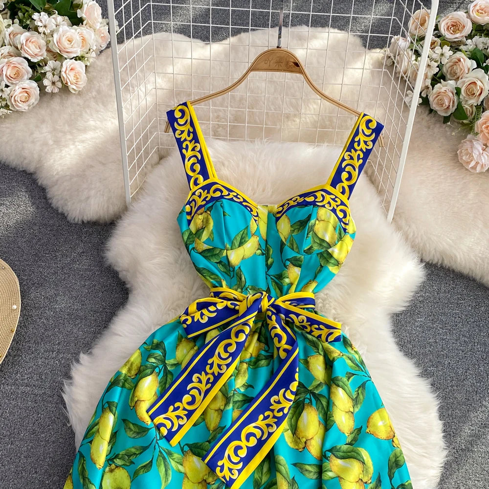 Lemon Print Full Dress with Belt